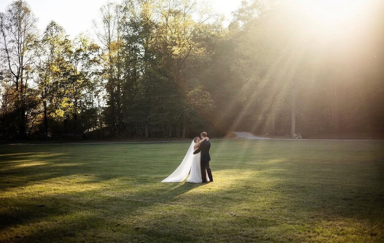 Bride and groom in golden Blue Ridge sunlight